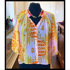 Line & Dot Button Down 3/4 Lgth Sleeve Blouse